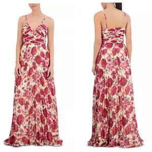 BCBGMAXAZRIA Pleated Floral Maxi Vacation Dress in Red and Cream, Size 10